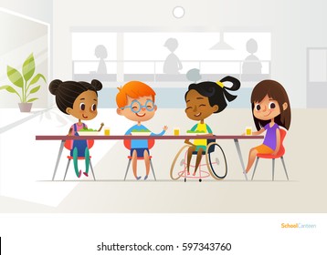 Many kids eating in the canteen 455425 Vector Art at Vecteezy