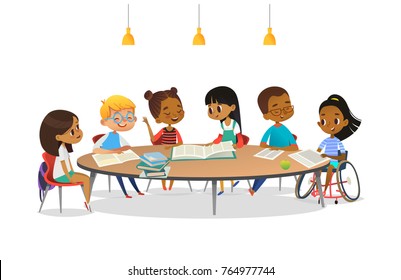 Smiling disabled girl in wheelchair and her school friends sitting around round table, reading books and talk to each other. Concept of inclusive activity. Cartoon vector illustration for banner.