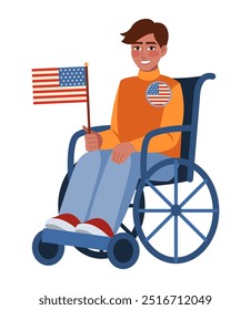 Joven discapacitado sonriente con Botón de campaña sosteniendo la bandera estadounidense en las manos. Personaje de dibujos animados aislado sobre fondo blanco. Hombre en silla de ruedas. Concepto de elección en Estados Unidos. Ilustración vectorial