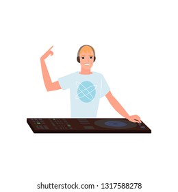 Smiling disk jockey with headphones mixing tracks at turntable on white background
