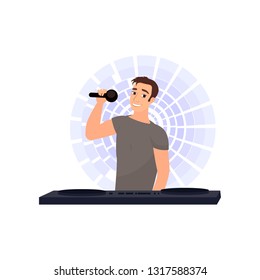 Smiling disk jockey with microphone and turntable against discolights on white background