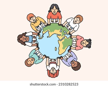 Smiling diverse children standing near globe showing unity and solidarity. Happy kids from around the world near planet earth. Ethnicity and diversity. Vector illustration. 