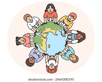 Smiling diverse children standing near globe showing unity and solidarity. Happy kids from around the world near planet earth. Ethnicity and diversity. Vector illustration.