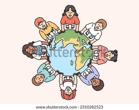 Smiling diverse children standing near globe showing unity and solidarity. Happy kids from around the world near planet earth. Ethnicity and diversity. Vector illustration. 