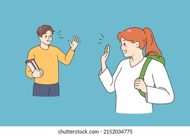 Smiling diverse colleagues say bye wave with hand after job in office. Happy man and woman employees or coworkers greeting or show hello. Friendship and communication. Vector illustration. 