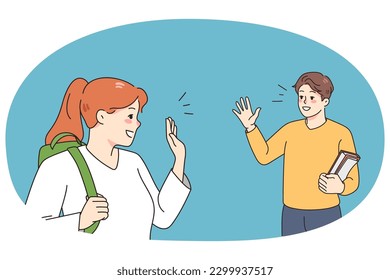 Smiling diverse colleagues say bye wave with hand after job in office. Happy man and woman employees or coworkers greeting or show hello. Friendship and communication. Vector illustration.