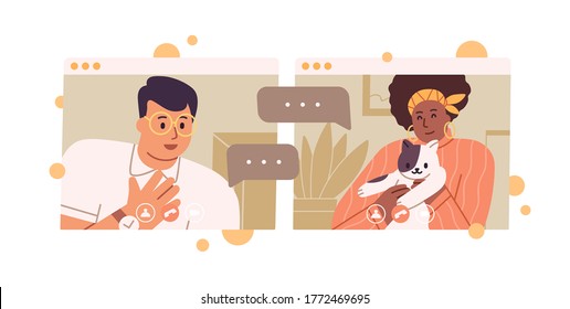 Smiling diverse couple talking on videoconference vector flat illustration. Black skin woman cat lover and happy guy having web communication isolated on white. Online meeting or dating