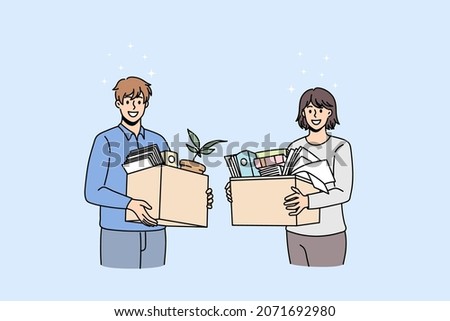 Smiling diverse employees with boxes with personal belongings settle at new workplace. Happy newcomers job candidates relocate move to office. Employment, recruitment. Vector illustration. 