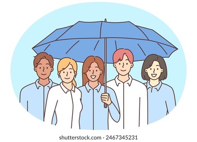 Smiling diverse employees or businesspeople standing under umbrella together feel protected with company insurance. Happy colleagues have protection at work. Vector illustration.