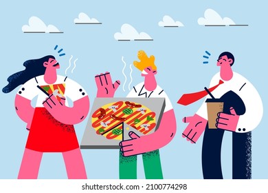 Smiling diverse employees or colleagues enjoy pizza and coffee on office break. Happy businesspeople eating out having Italian fast food together. Express restaurant delivery. Vector illustration. 