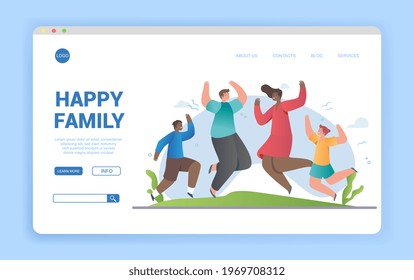 Smiling Diverse Family Dancing Having Fun Outdoors. Joyful Parents And Kids Jump And Demonstrate Dance Movements. Happy Active People Spending Time Together. Flat Cartoon Vector Illustration