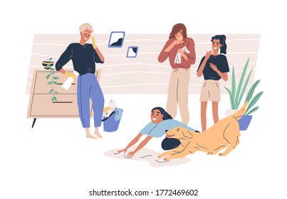 Smiling diverse family doing housework together vector flat illustration. Joyful dog help mother washing floor use rag isolated on white. Happy parents and children having fun during cleaning room