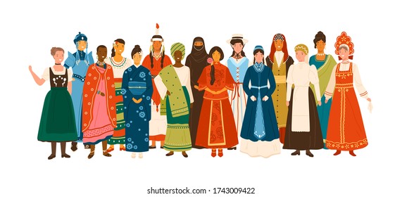 Smiling diverse female in national ethnic clothes vector flat illustration. Multinational group of happy woman in traditional folk apparel standing together isolated on white background