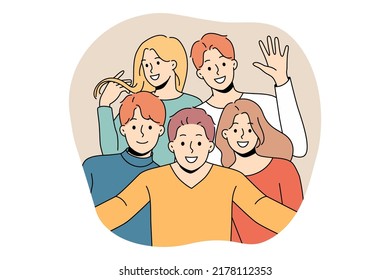 Smiling diverse friends posing for picture together. Happy people have fun feel optimistic enjoy friendship. Unity and diversity. Vector illustration. 