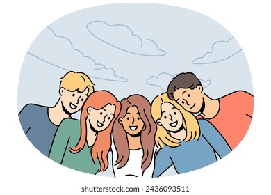 Smiling diverse friends posing together enjoy walk in park. Happy men and women have fun relaxing in summertime. Vector illustration.