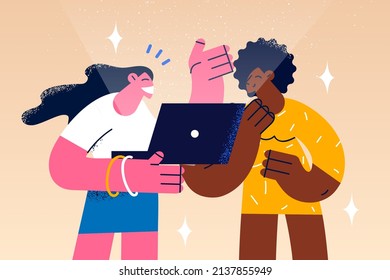 Smiling diverse girls hold laptop talk speak on video call together. Happy multiracial girlfriends enjoy using computer for online communication. Technology concept. Vector illustration. 