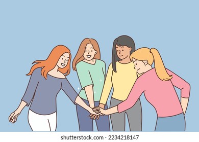 Smiling diverse girls join hands show unity and leadership. Happy girlfriends engaged in teambuilding together. Teamwork concept. Vector illustration. 