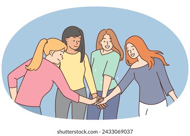 Smiling diverse girls join hands show unity and leadership. Happy girlfriends engaged in teambuilding together. Teamwork concept. Vector illustration.