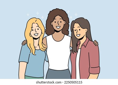 Smiling diverse girls standing together hugging showing friendship and support. Happy multiethnic interracial women posing embracing. Vector illustration. 