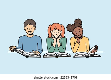 Smiling diverse kids sitting at table reading books. Happy multiethnic children have fun enjoy literature or learning. Education. Vector illustration. 