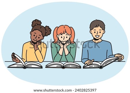 Smiling diverse kids sitting at table reading books. Happy multiethnic children have fun enjoy literature or learning. Education. Vector illustration.
