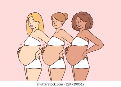 Smiling diverse multiethnic women with bellies excited about motherhood. Happy interracial pregnant females. Pregnancy and parenting. Vector illustration. 