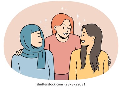 Smiling diverse multiethnic women hugging and talking. Concept of interracial multinational friendship. Vector illustration.