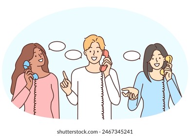 Smiling diverse multiracial people with speech bubbles talk on landline phones. Happy multiethnic men and women speak chat on corded telephones. Communication. Vector illustration.