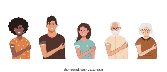 Sonriente diversas personas después de la inyección de la vacuna del coronavirus. Grupo de mujeres mayores y jóvenes, hombres que muestran hombro con vendaje después de la vacunación. Ilustración vectorial plana aislada en fondo blanco