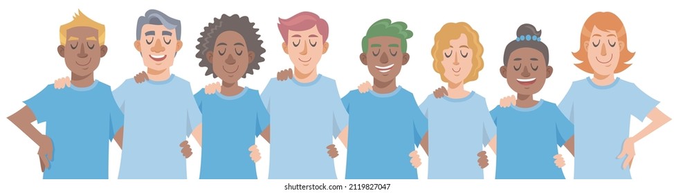 Smiling diverse people arms around each other's shoulders. Concept of teamwork, diversity, friendship. Vector illustration in flat cartoon style.