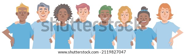 Smiling diverse people arms around each\
other\'s shoulders. Concept of teamwork, diversity, friendship.\
Vector illustration in flat cartoon\
style.