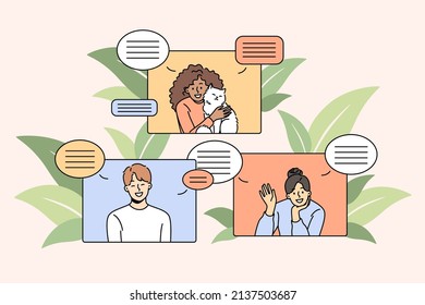 Smiling diverse people talk on video call on devices on lockdown. Happy international friends communicate via webcam event or conference. Communication and technology. Vector illustration. 