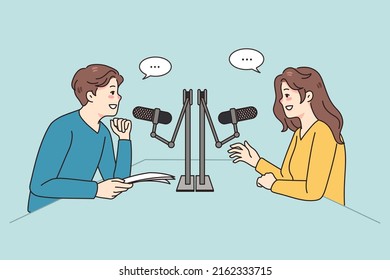 Smiling diverse people talk in studio in microphones record podcast together. Happy radio host interview guest at station. Entertainment industry. Vector illustration. 