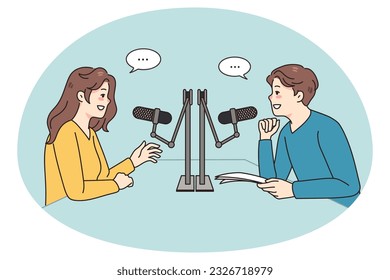 Smiling diverse people talk in studio in microphones record podcast together. Happy radio host interview guest at station. Entertainment industry. Vector illustration.