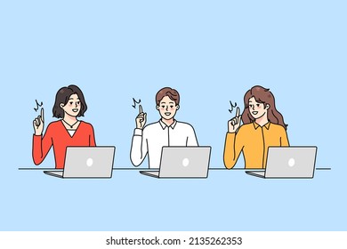 Smiling diverse people working on computer online brainstorm generate creative idea. Happy men and women use laptops think of good innovation. Remote internet job. Vector illustration. 