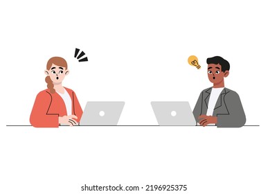 Smiling diverse people working on computer online brainstorm generate creative idea. Surprised men and women use laptops think of good innovation. Remote internet job. Flat vector illustration isolate