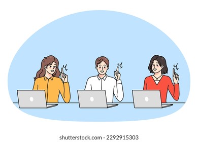 Smiling diverse people working on computer online brainstorm generate creative idea. Happy men and women use laptops think of good innovation. Remote internet job. Vector illustration.