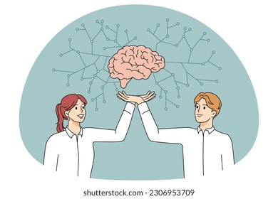Smiling diverse scientists hold in hands human brain explore organ together. Happy motivated researchers or doctors work with mind connections. Neurology concept. Vector illustration.