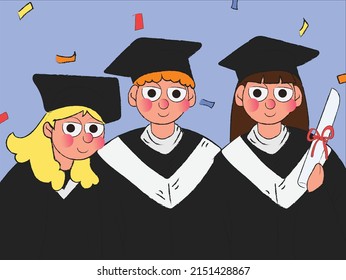 Smiling diverse students standing and holding degree or diploma. Graduation day. Hand drawn flat vector illustrarion background.
