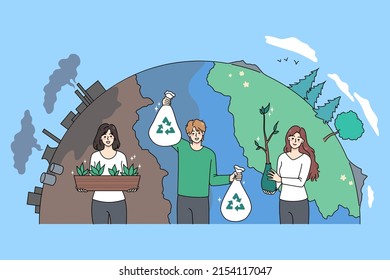 Smiling diverse volunteers clean planet from pollution and waste take care of environmental system. Caring people activists save world and earth. Environment and ecology. Vector illustration. 