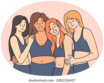 Diversas mujeres sonrientes en ropa deportiva muestran varias figuras. Hembras felices de tonalidad multiracial muestran positividad corporal. Ilustración vectorial.