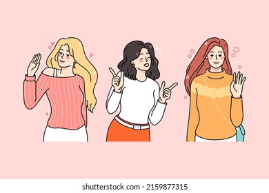 Smiling diverse young women having fun chilling out together. Happy female characters waving hand, laughing and greeting. Diversity concept. Flat vector illustration. 