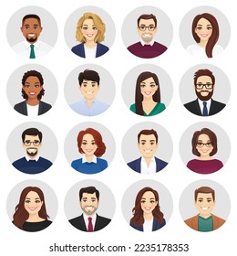 Smiling diversity people in different business clothes avatar set. Men and women, male and female characters collection. Isolated vector illustration. - Shutterstock ID 2235178353