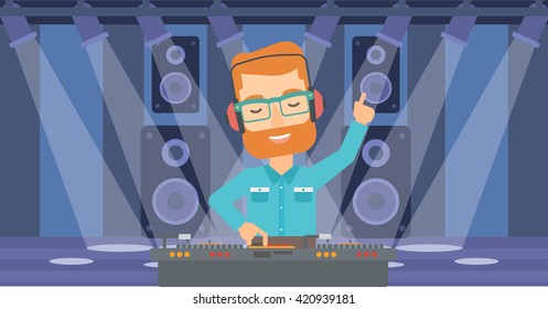 Smiling DJ with console.