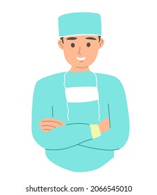 Smiling doctor after surgery. Portrait of a medical worker of Slavic appearance in uniform. Isolated illustration on a white background