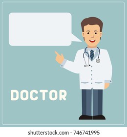Smiling doctor with bubble speech says important information about health.