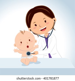 Smiling doctor examining baby boy. Pediatric doctor examine baby boy with the stethoscope.