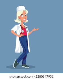 
Smiling Doctor Explaining Diagnosis Vector Cartoon Illustration. Happy general practitioner explaining diagnosis wearing her white coat 
