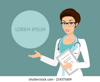 Smiling doctor with a folder in her left hand demonstrates something