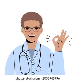 Smiling doctor with glasses gestures that everything is in order. Ok-gesture.